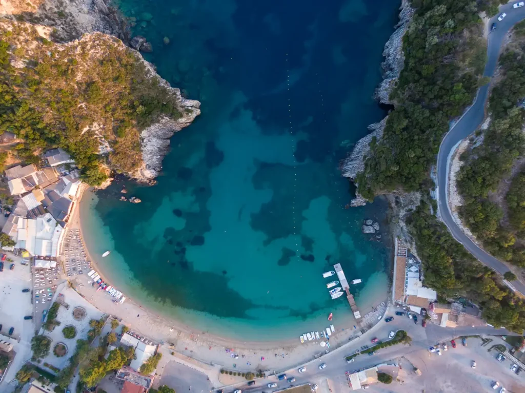 paleokastritsa beach aerial view 01